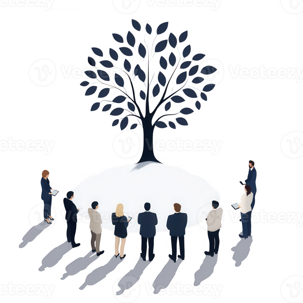 A group of individuals gathered around a symbolic tree, representing unity and reflection. png