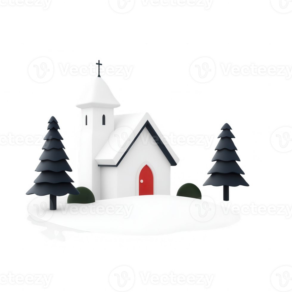 A charming, minimalistic white church surrounded by snowy trees and a serene landscape. png