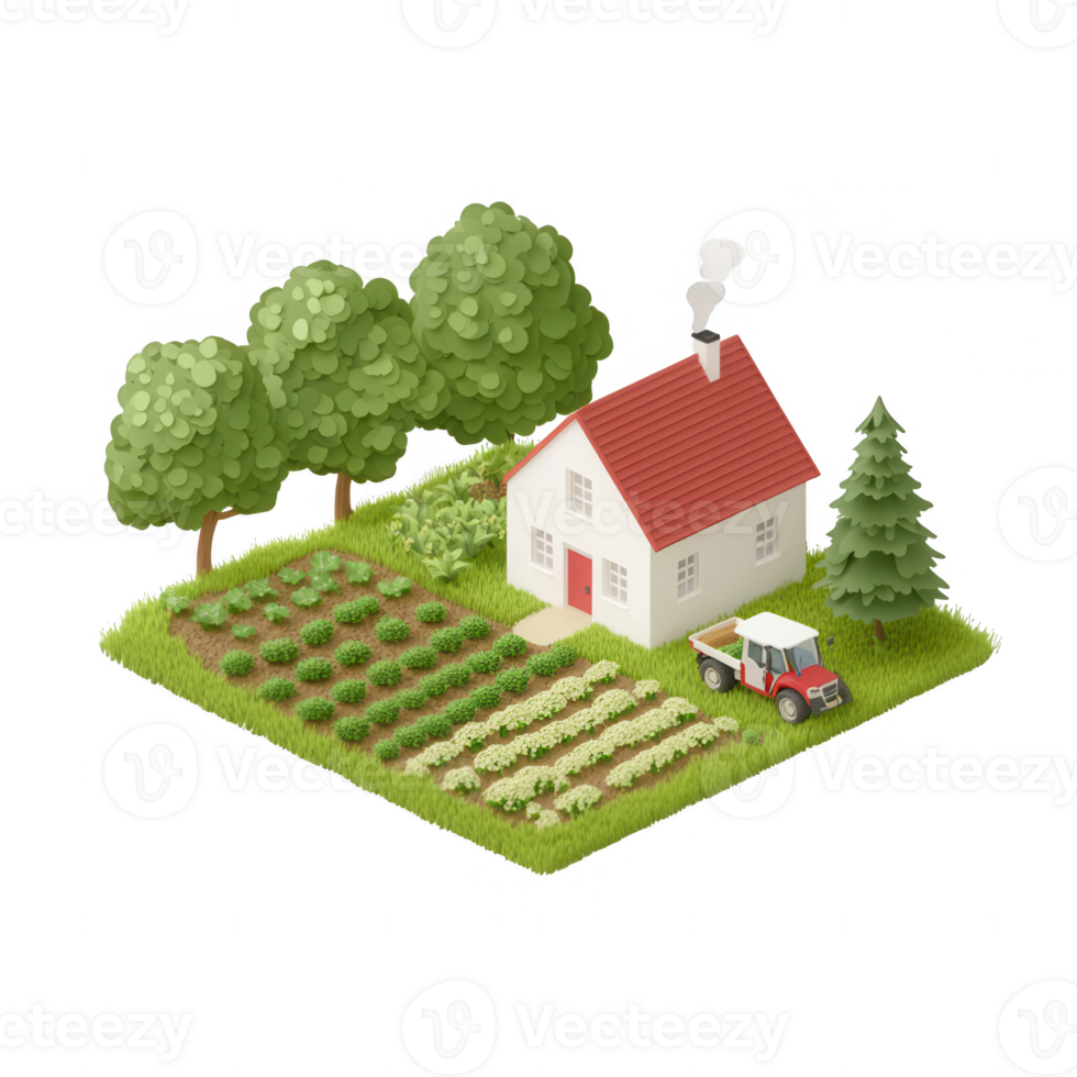 A charming illustration of a farm with a house, tractor, and lush gardens. png