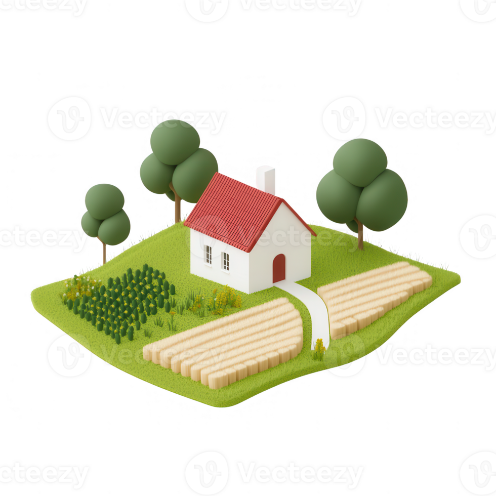 A charming house surrounded by trees and fields in a peaceful rural setting. png