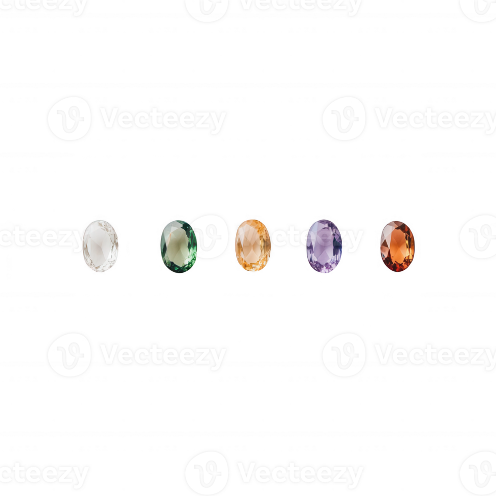 A collection of five elegant gemstones, showcasing their unique colors and shapes. png