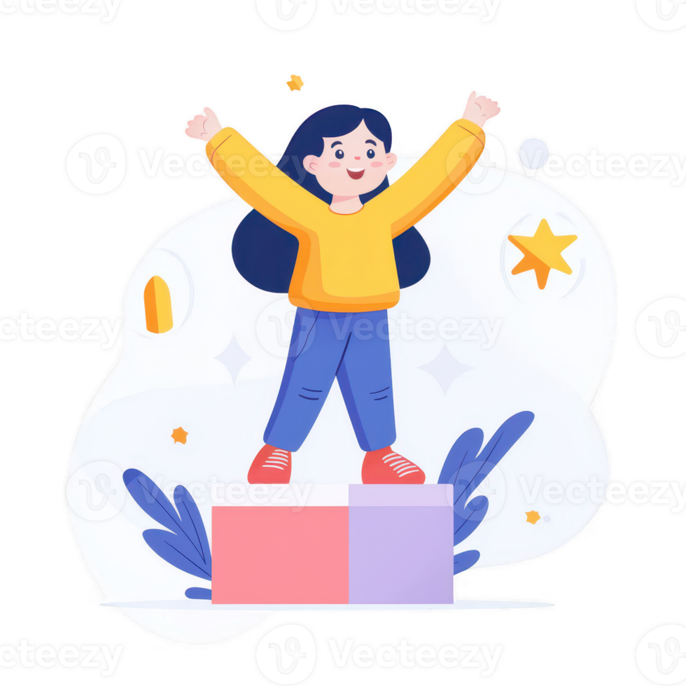 A cheerful girl celebrating success with arms raised in a vibrant illustration. png