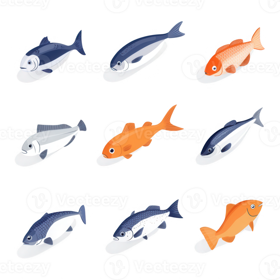 A collection of colorful fish illustrations in various playful designs. png