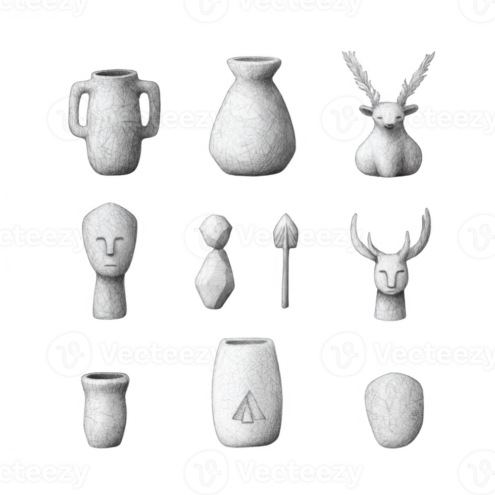 A collection of ancient artifacts showcasing unique cultural heritage and artistry. png