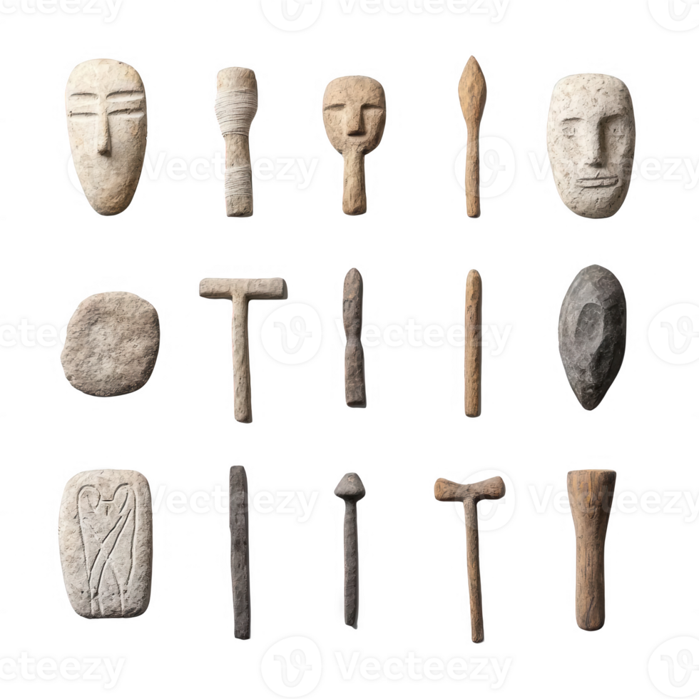 A collection of ancient stone tools and carvings showcasing historical craftsmanship. png