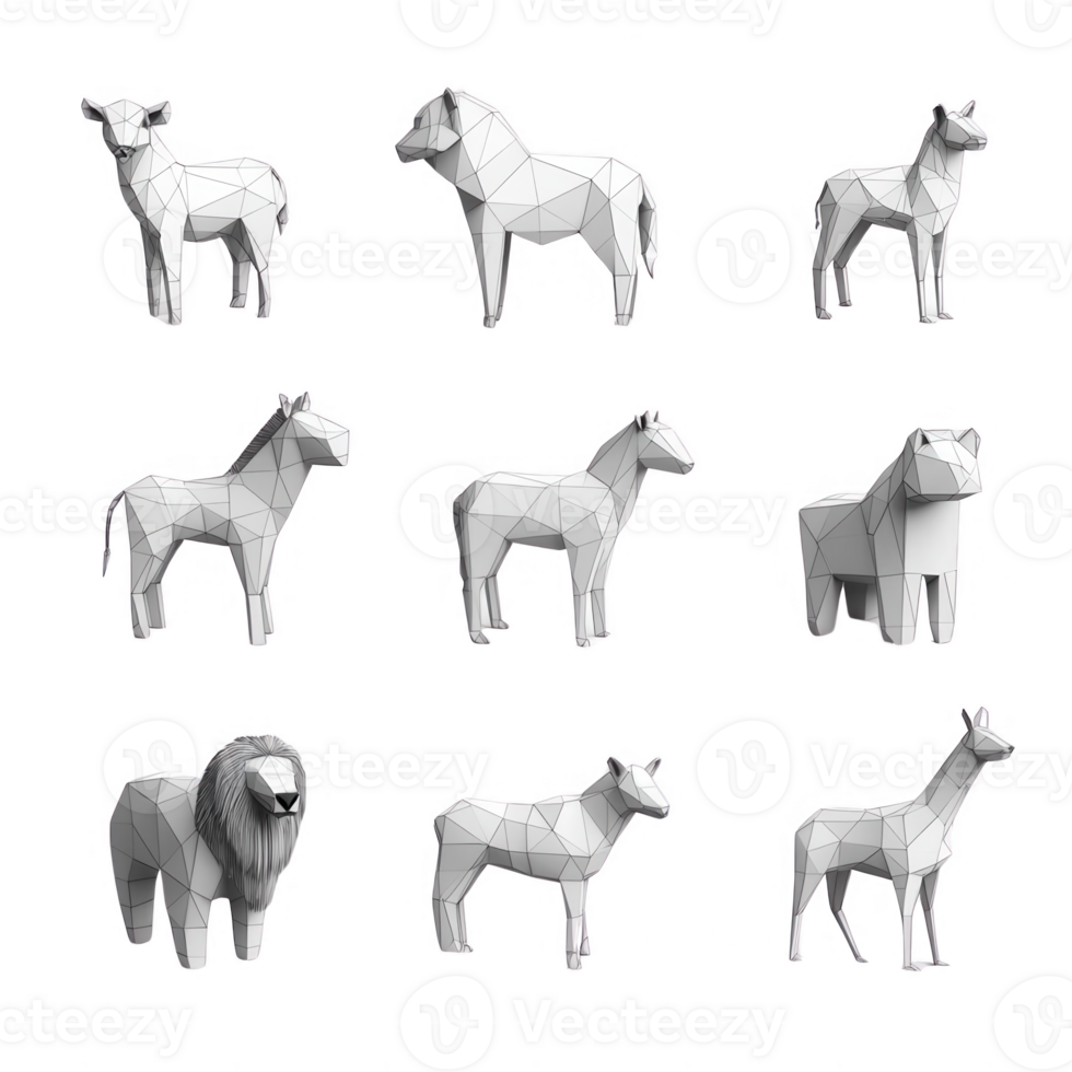 A collection of polygonal animal models, showcasing modern 3D design in various forms. png