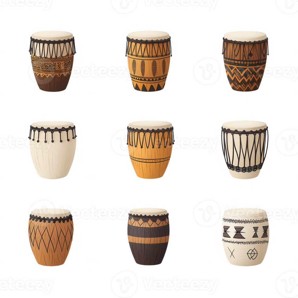 A collection of colorful traditional drums with unique patterns and designs. png