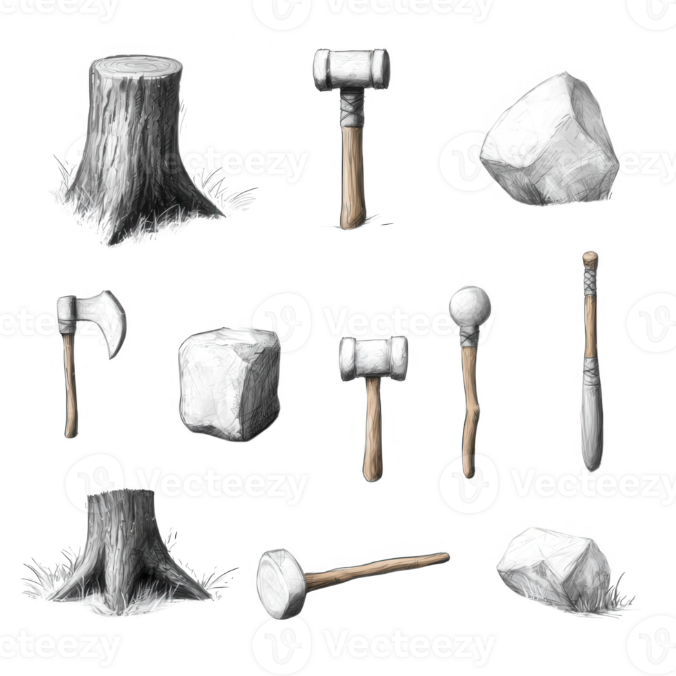 A collection of hand-drawn tools for woodworking on a transparent background. png