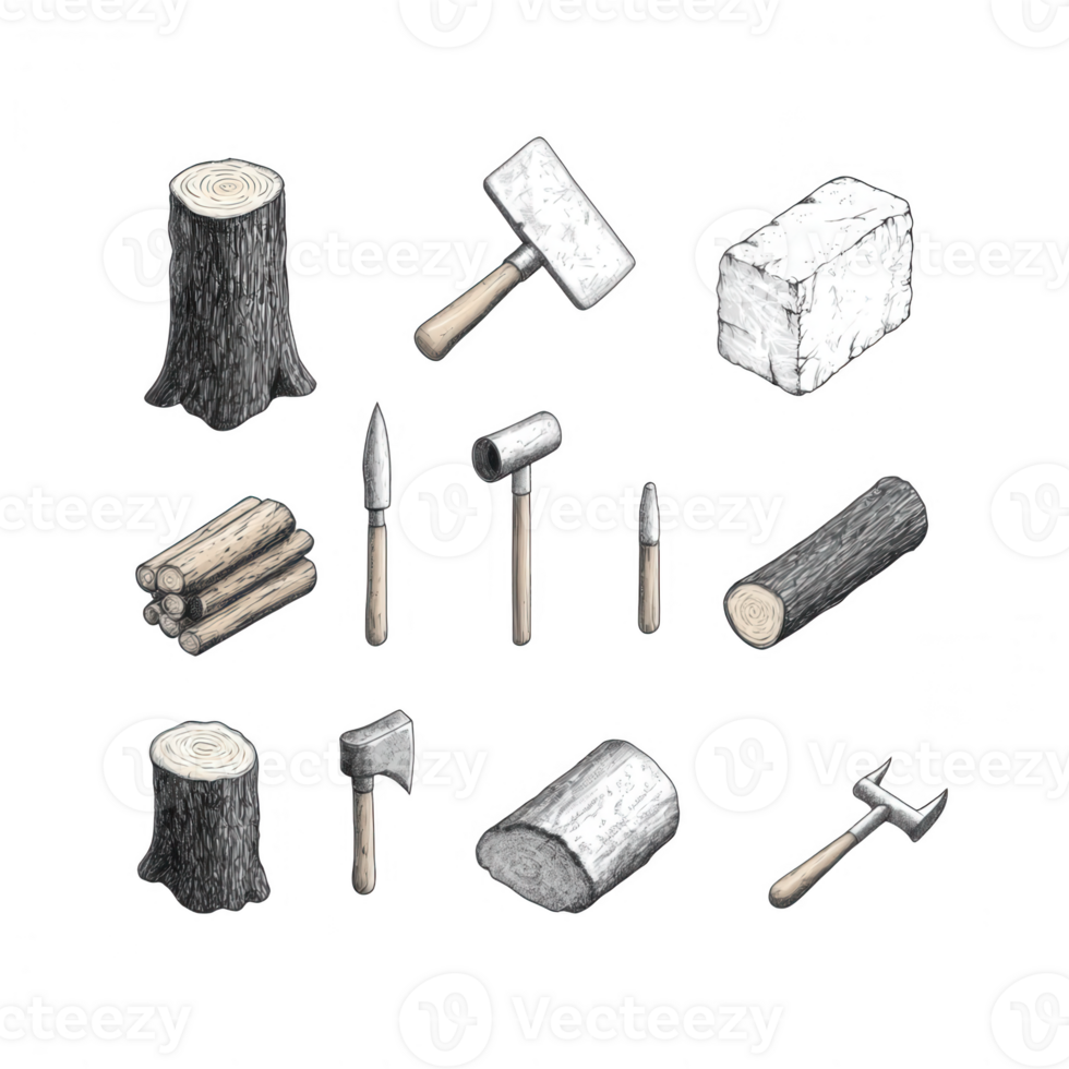 A collection of wooden logs and tools for woodworking and crafting activities. png