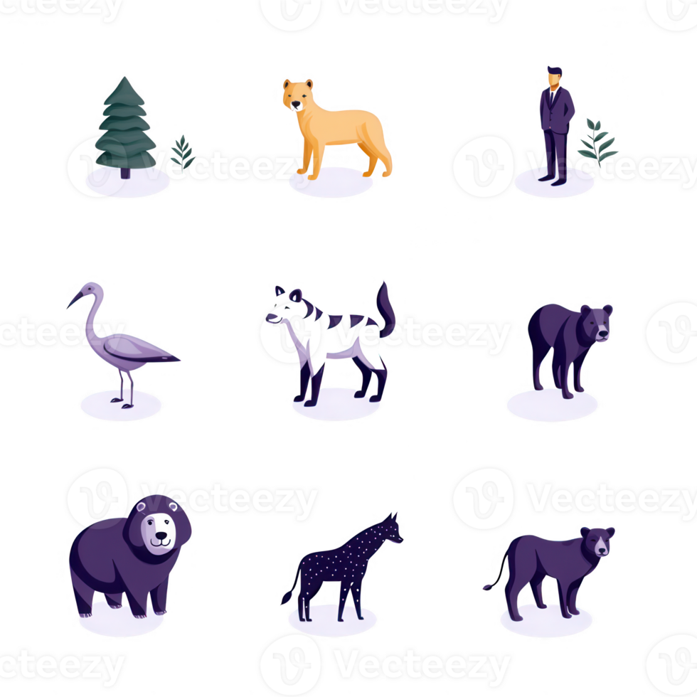 A colorful illustration featuring various animals in a snowy landscape. png
