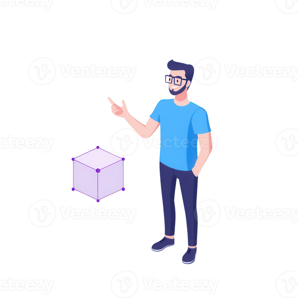 A confident man interacting with a 3D cube, showcasing modern technology concepts. png