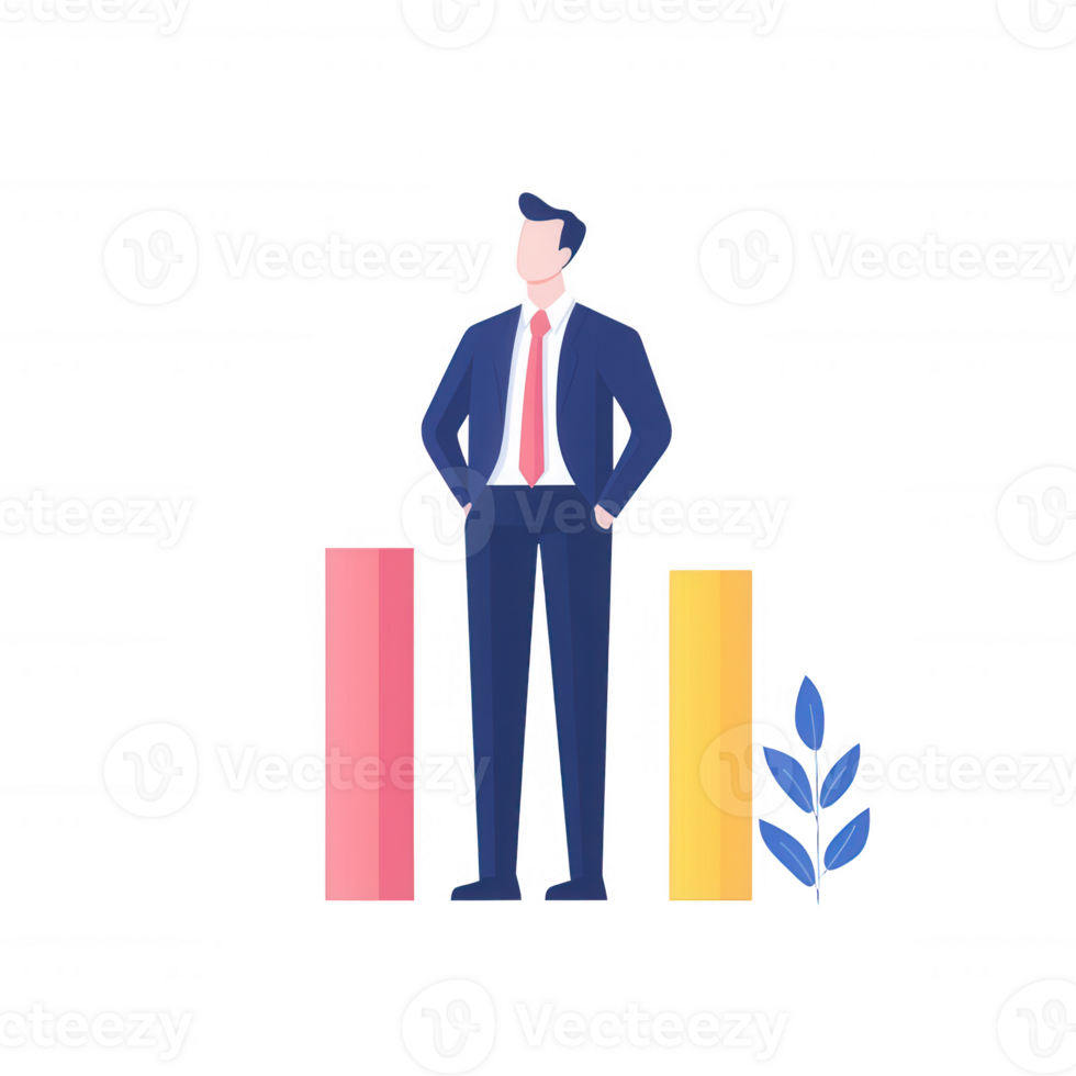 A confident businessman standing beside colorful bar graphs representing growth. png