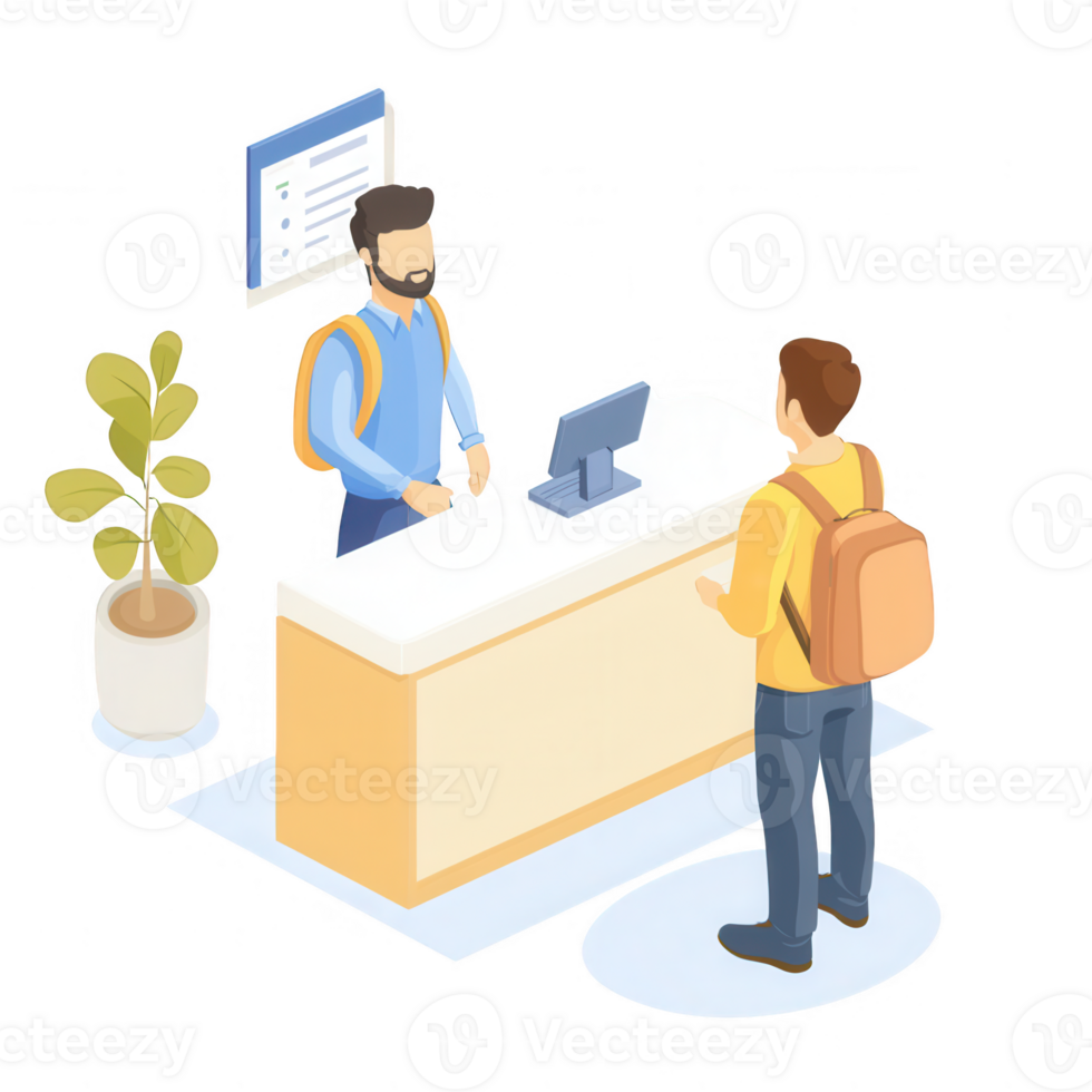 A customer interacts with a service representative at a stylish reception area. png