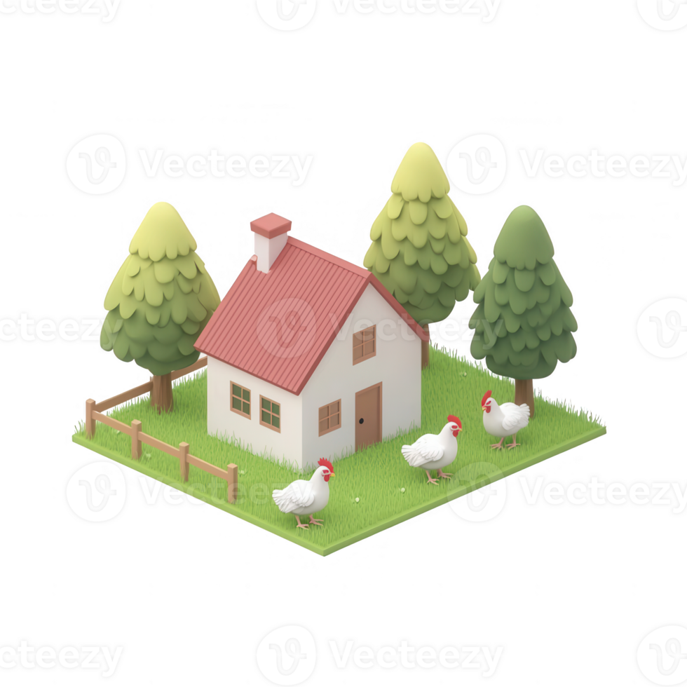 A cute farmhouse scene with chickens and trees in a vibrant, animated style. png