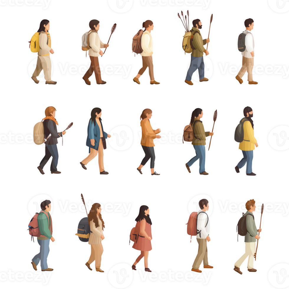 A diverse group of hikers walking through nature on an adventurous journey. png