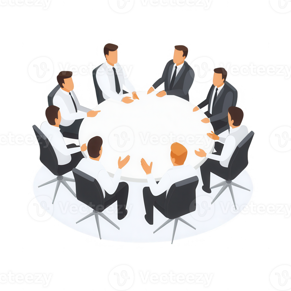 A diverse group of professionals engaged in a meeting around a round table. png
