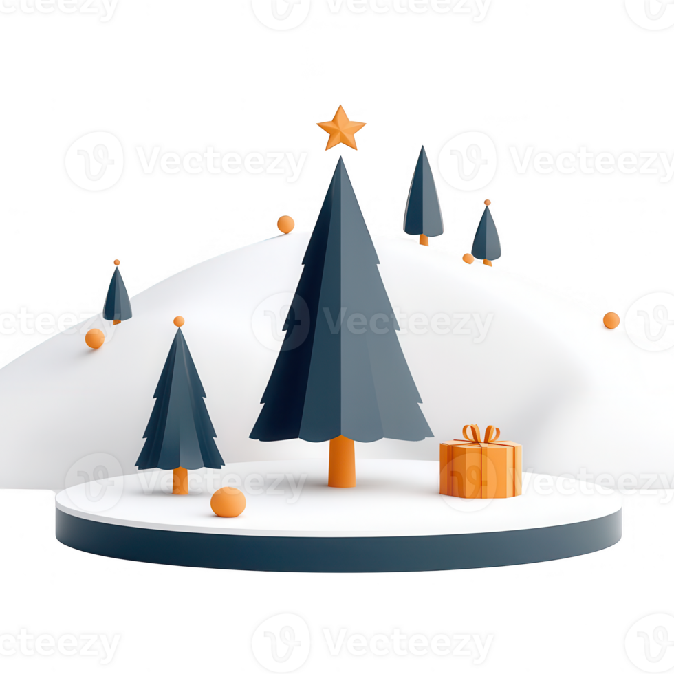 A festive winter scene featuring snowy hills, evergreen trees, and a gift box. png