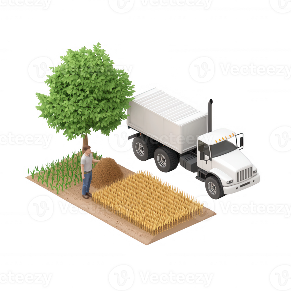 A farmer tending to crops with a truck, symbolizing modern agricultural practices. png
