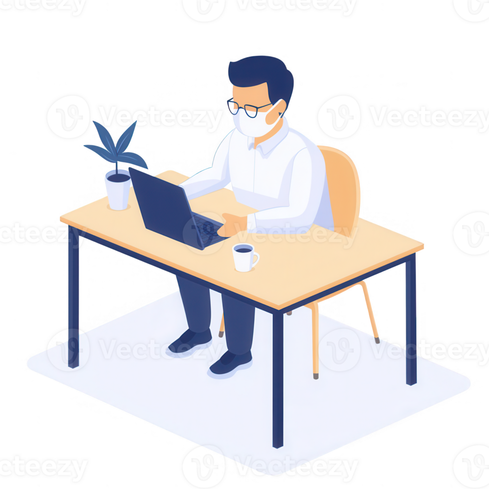A man working diligently at a desk with a laptop, plant, and coffee cup. png