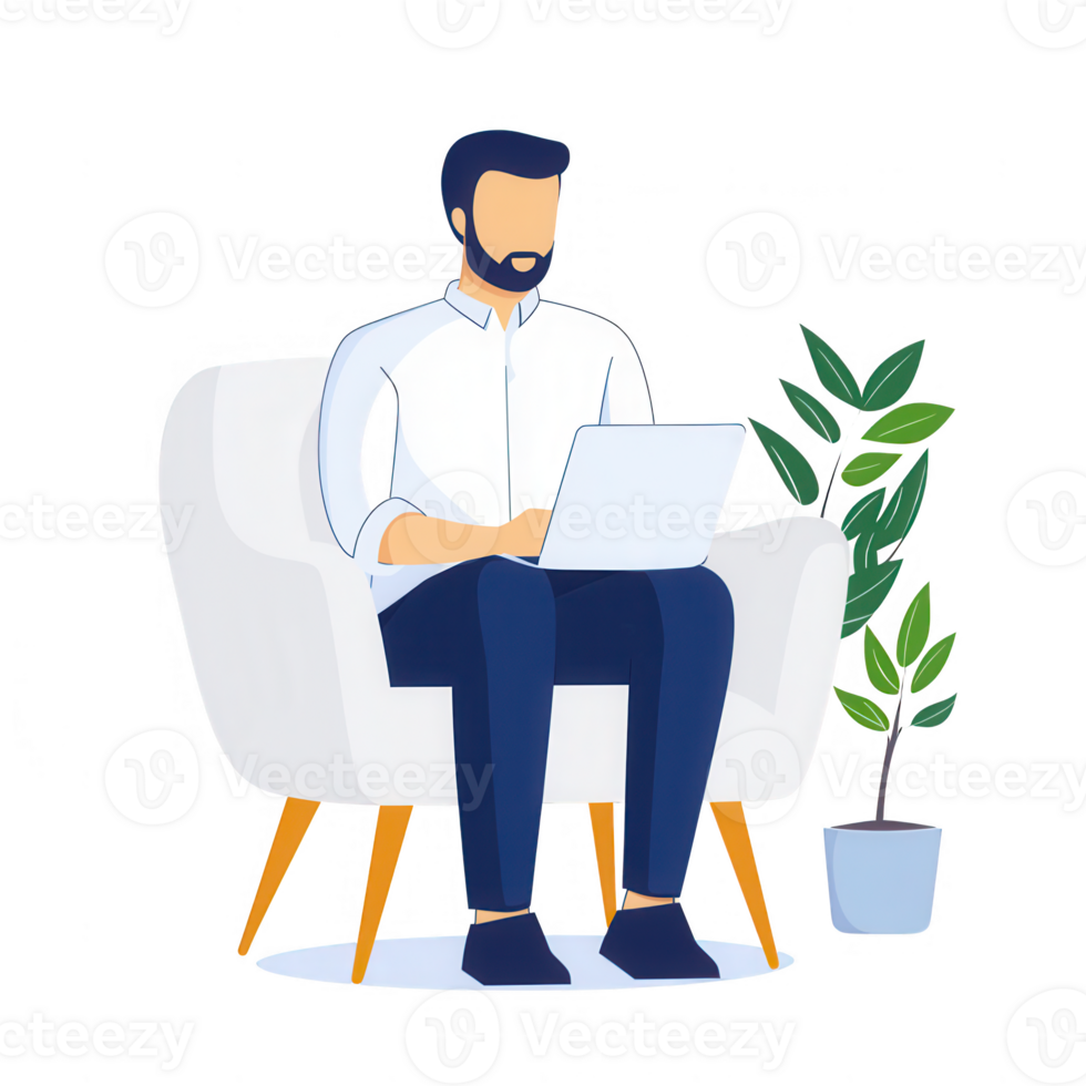 A man working on his laptop while sitting comfortably in a modern chair. png