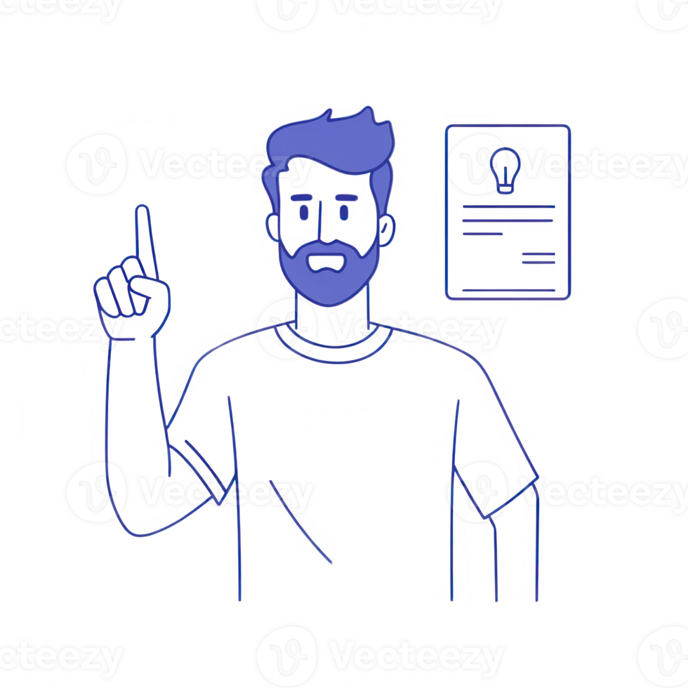 A man with a thoughtful expression, pointing upwards, symbolizing an idea or concept. png