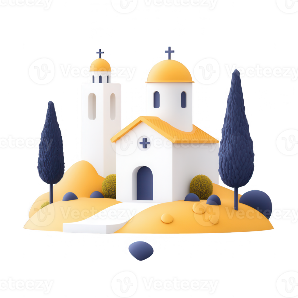 A picturesque church set in a serene landscape with vibrant colors and simple forms. png