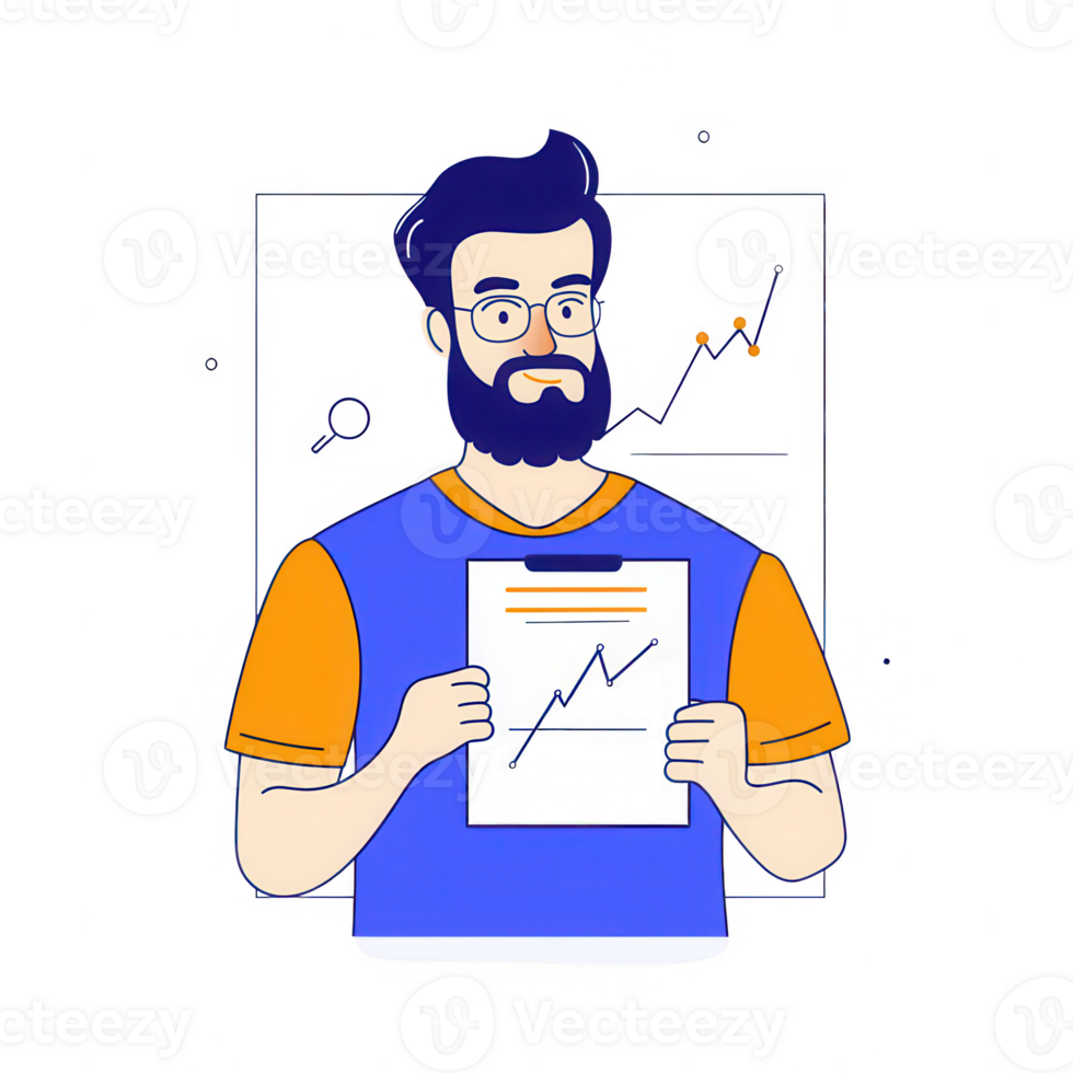 A man analyzing market trends with a report showcasing growth statistics. png