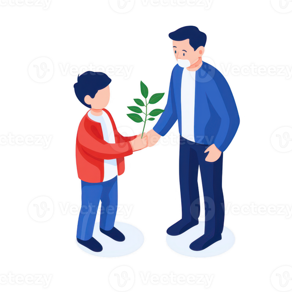 A man and a boy exchanging a plant symbolizing growth and connection. png