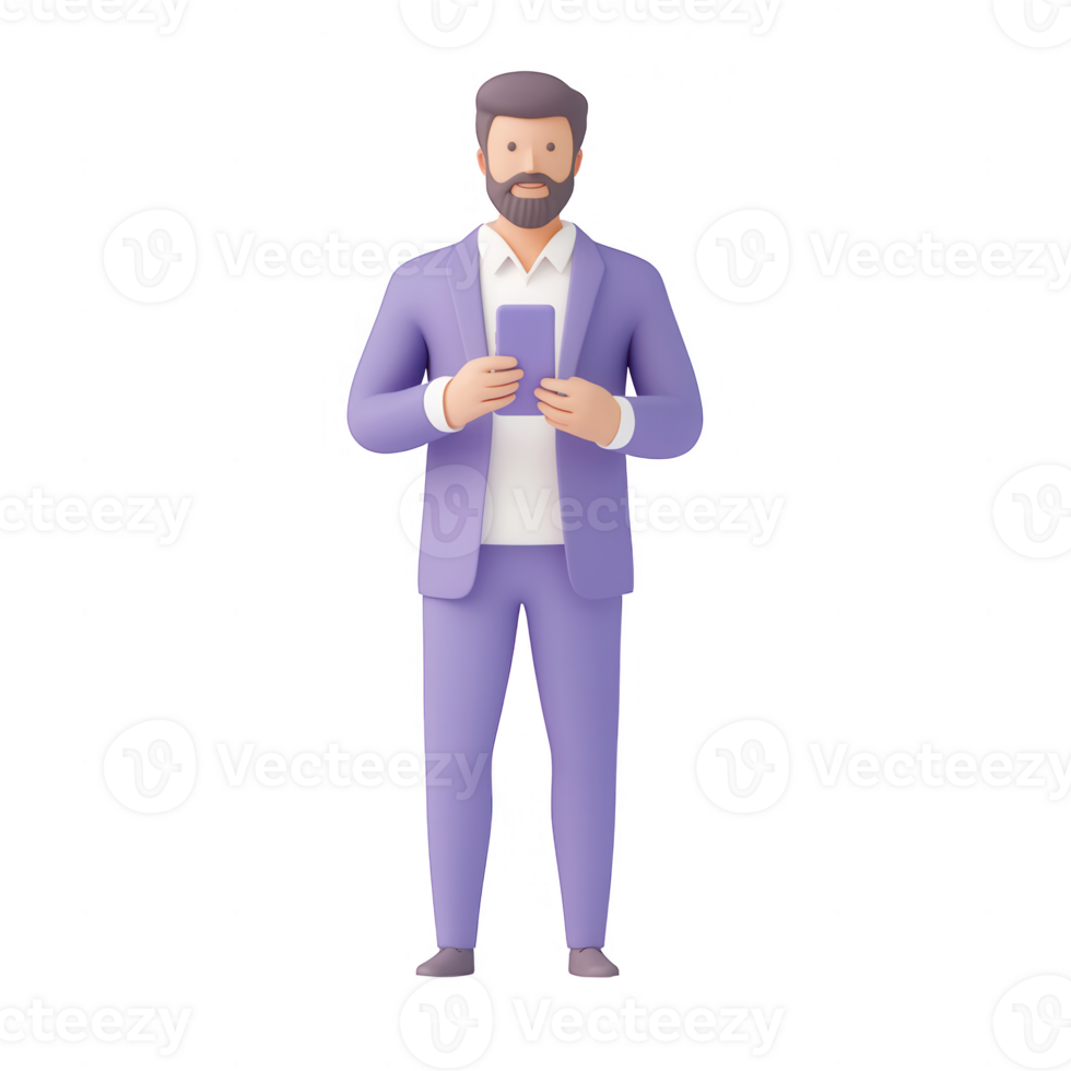A man in a suit holds a smartphone, representing modern communication in business. png