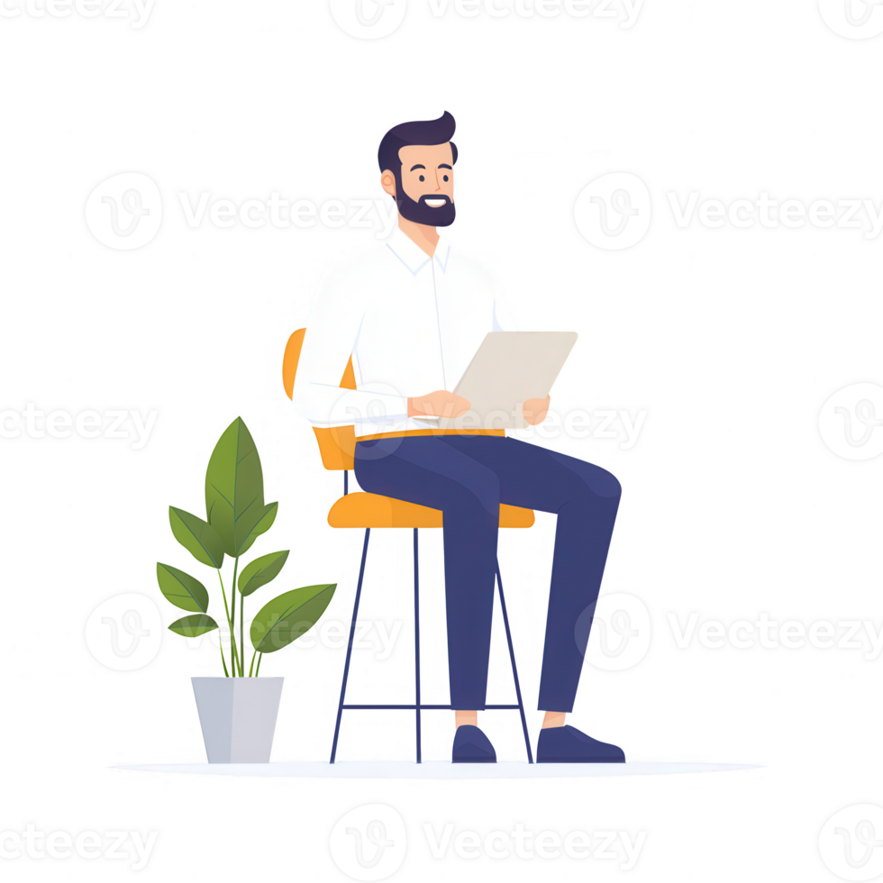 A man sitting on a chair with a plant, working on a laptop in a comfortable setting. png