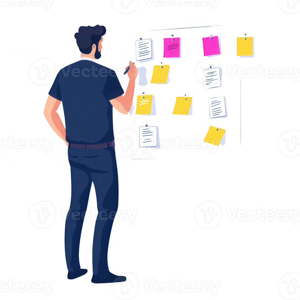 A man organizing ideas on sticky notes for effective project management. png