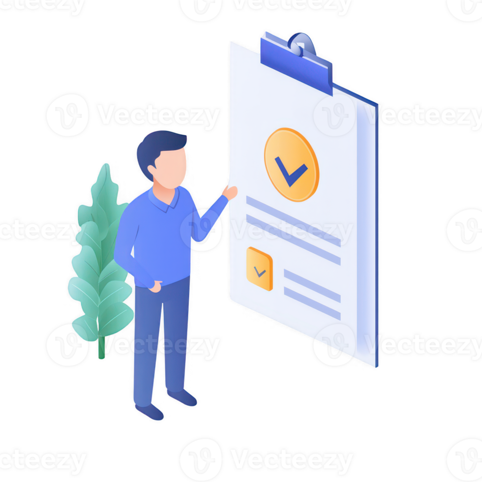 A man reviewing a checklist on a clipboard, symbolizing task completion and organization. png