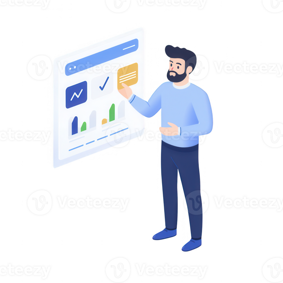 A man analyzing data visuals on a digital interface, showcasing business metrics. png