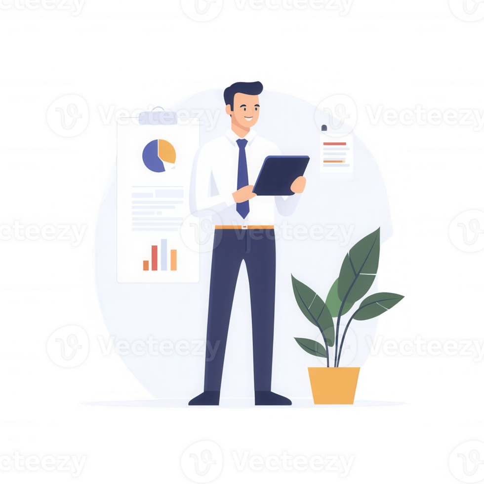 A professional man analyzing data on a tablet with charts and a plant in the background. png