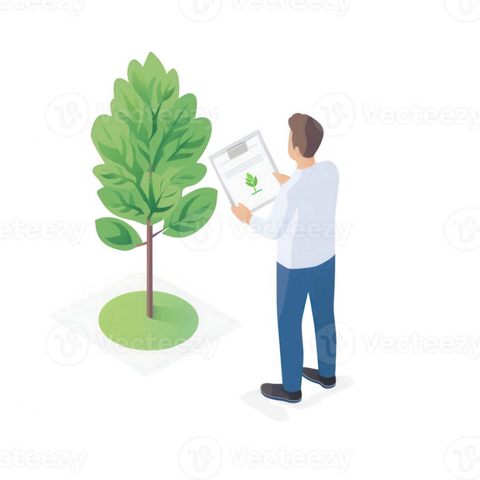 A person examining a healthy tree while reviewing a care instruction document. png