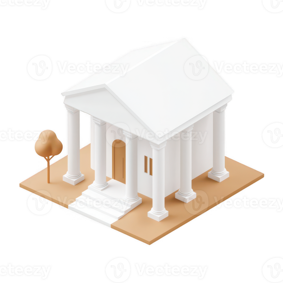 A minimalist white building with columns and an entrance, set on a simple landscape. png
