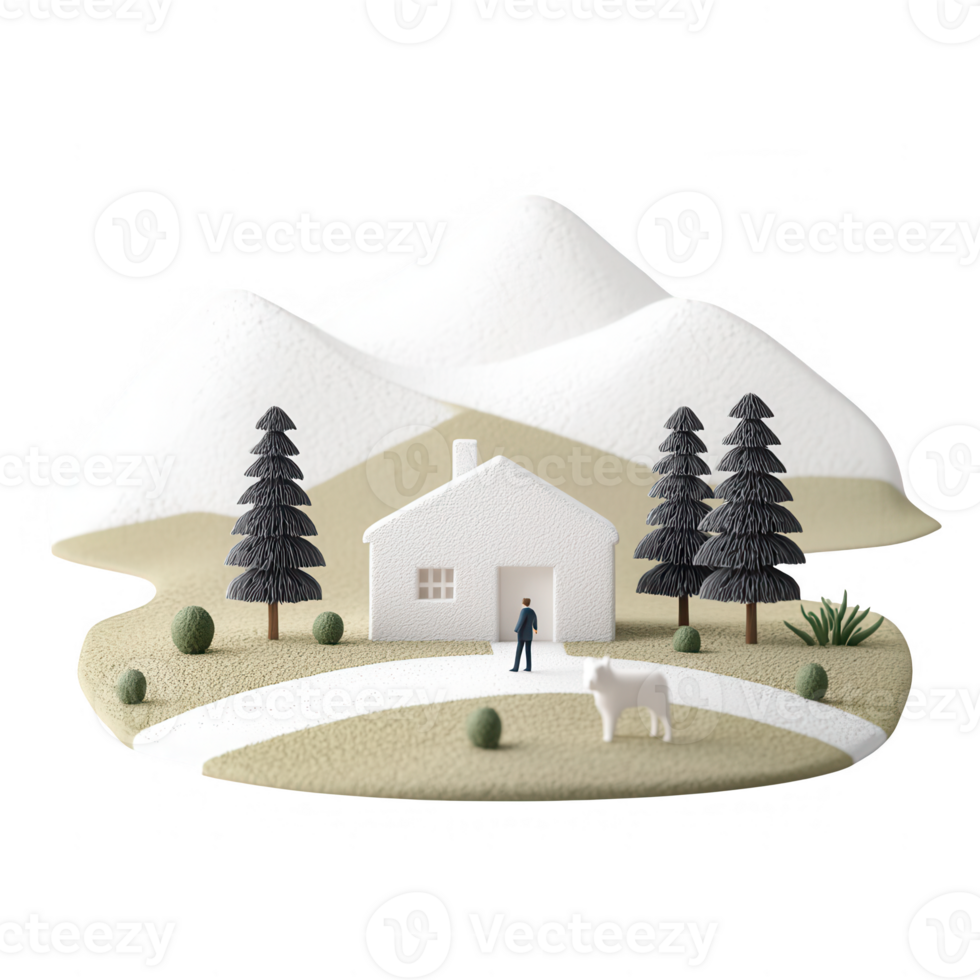 A serene rural scene with a house, person, trees, and mountains in the background. png