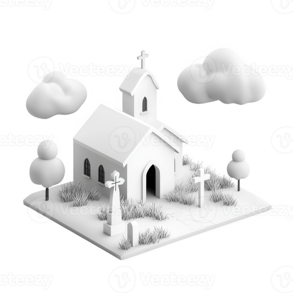 A minimalist white church model surrounded by trees and clouds. png
