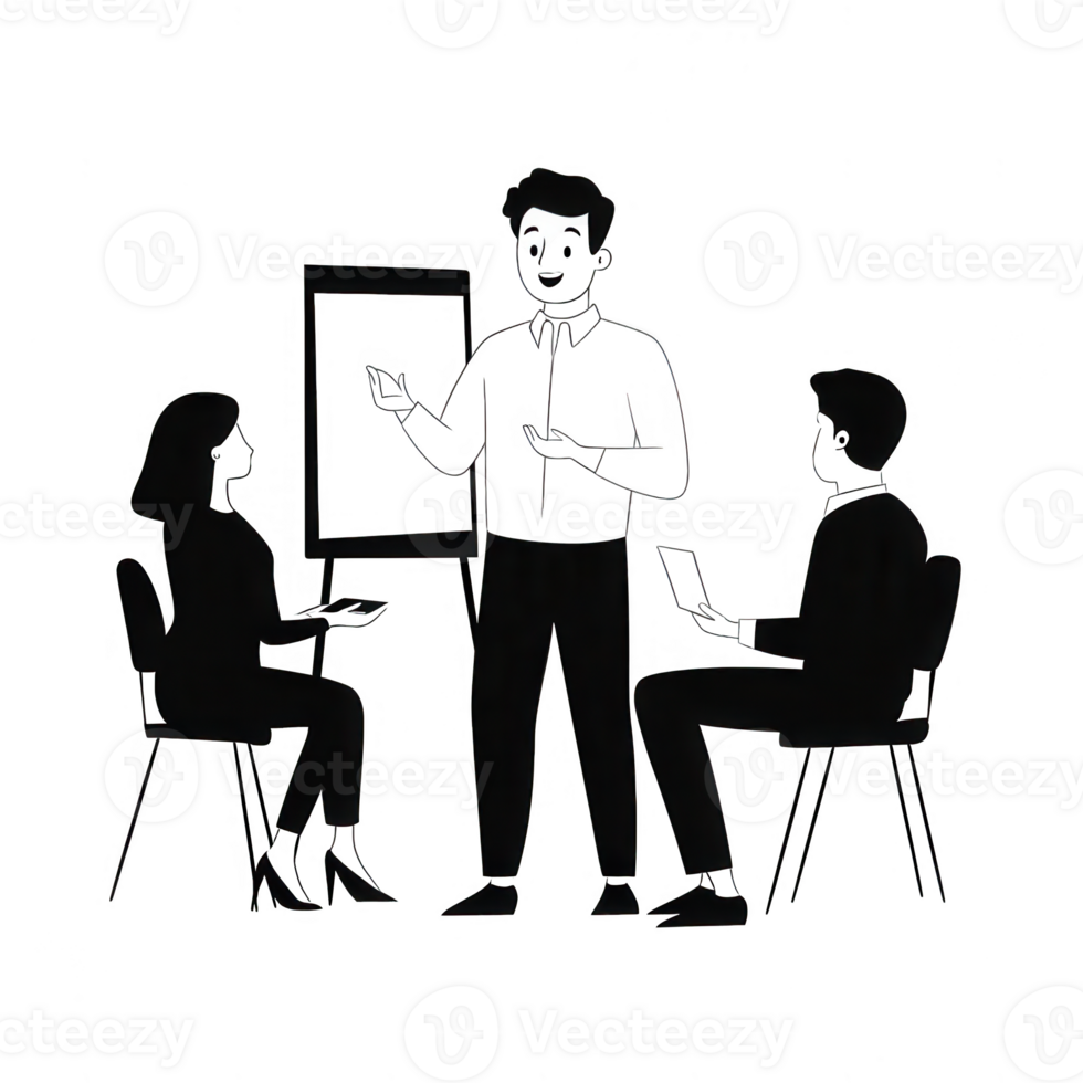 A professional meeting illustration with speakers and attentive audience. png
