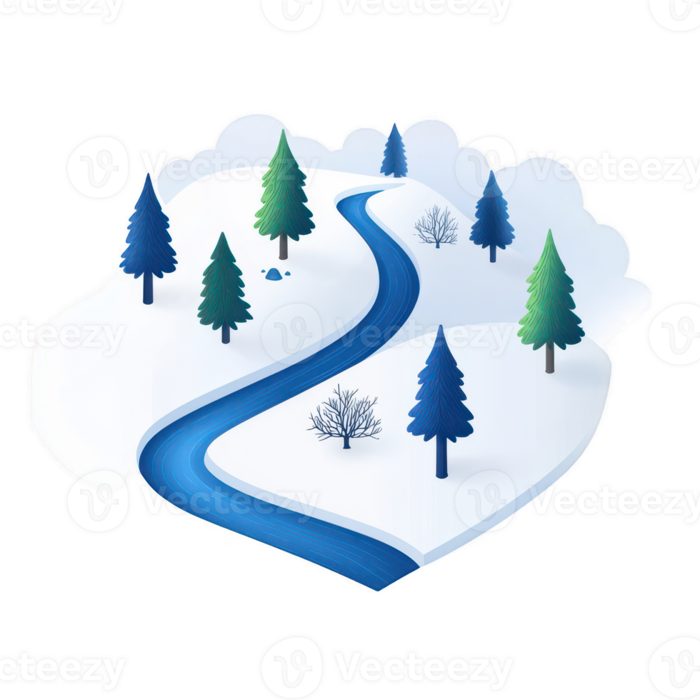A serene winter landscape featuring a winding river and snow-covered trees. png