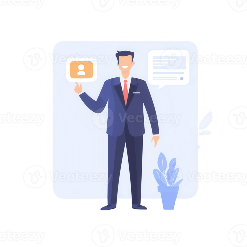 A professional man presenting a digital profile card in a modern office setting. png