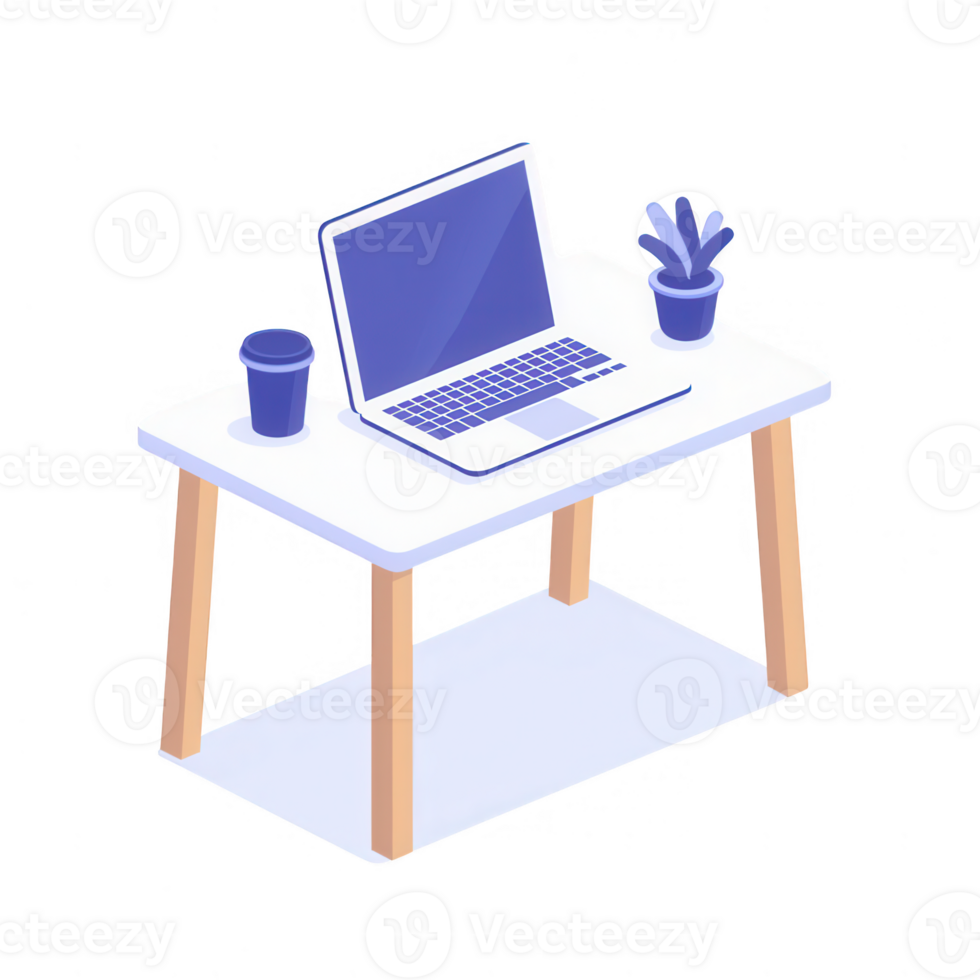 A modern workspace featuring a laptop, coffee cup, and a small plant. png