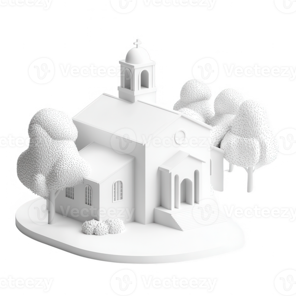 A minimalist white church building surrounded by trees in an abstract design. png