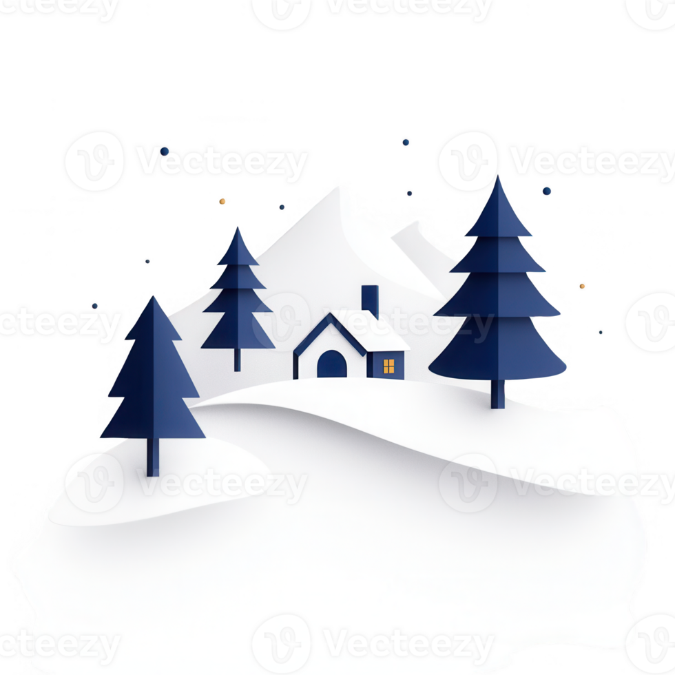 A serene winter scene with a cozy house nestled among snowy mountains and pine trees. png