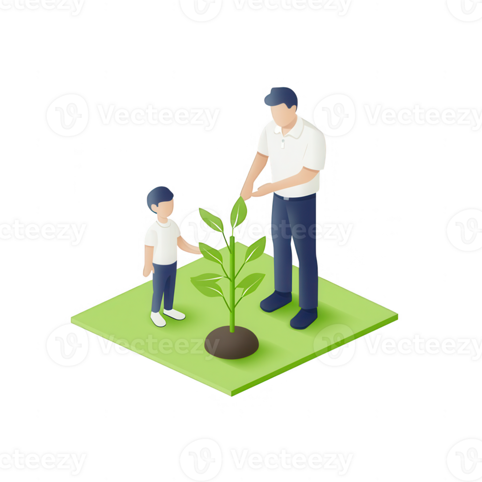 A parent teaches their child the importance of planting and nurturing a young tree. png