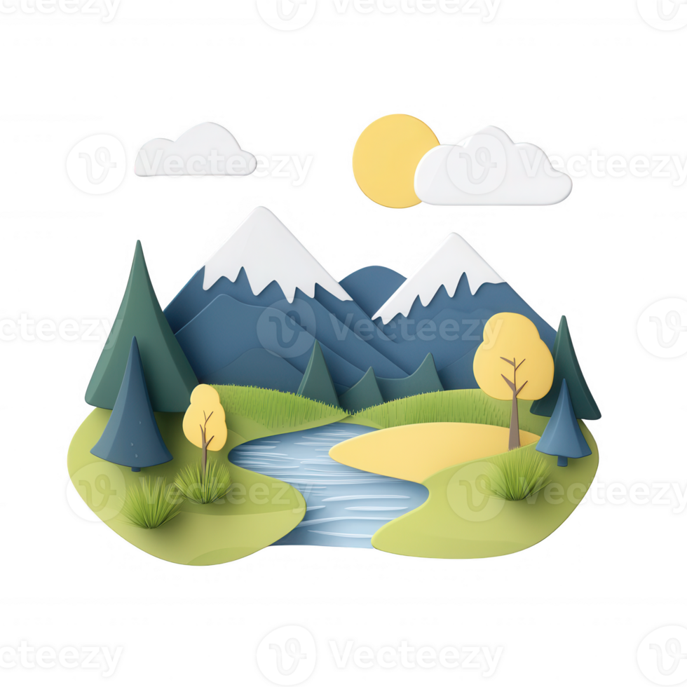 A serene landscape featuring mountains, trees, and a flowing river under a sunny sky. png