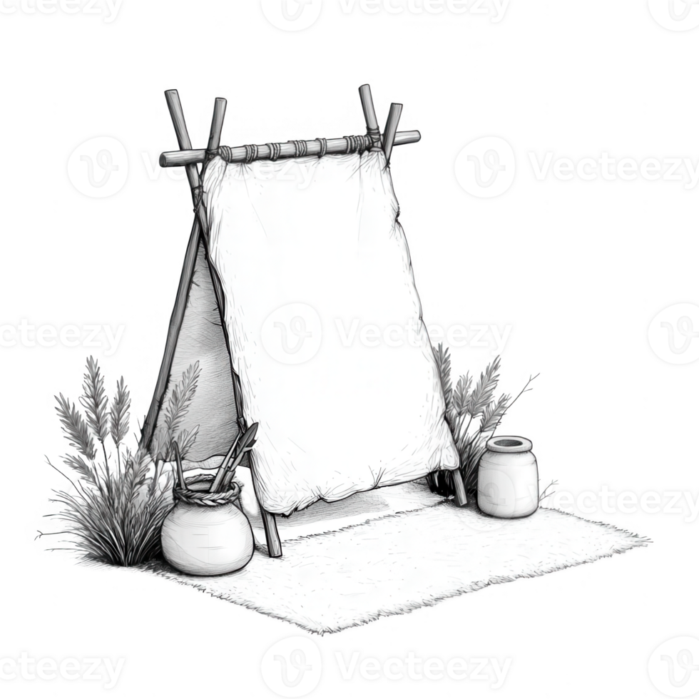 A simple sketch of an easel, canvas, and paint accessories for artistic inspiration. png