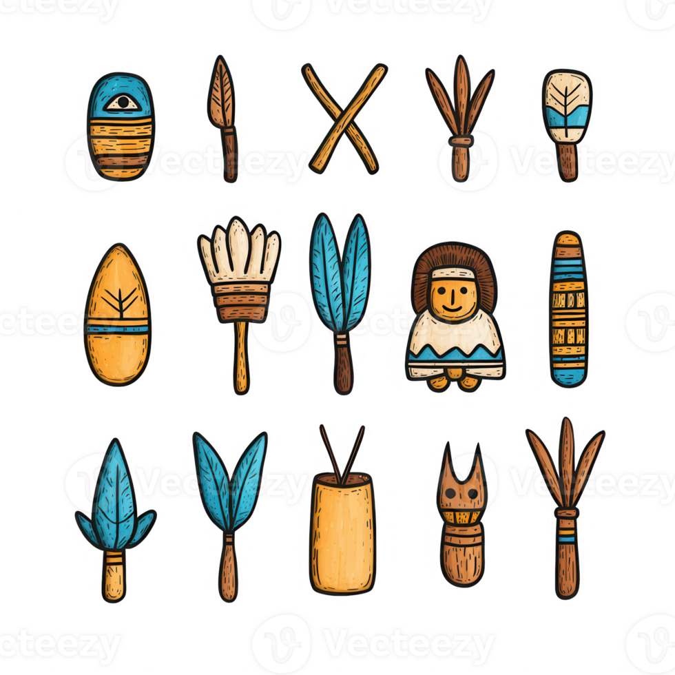 Collection of colorful tribal elements and symbols representing diverse cultures. png
