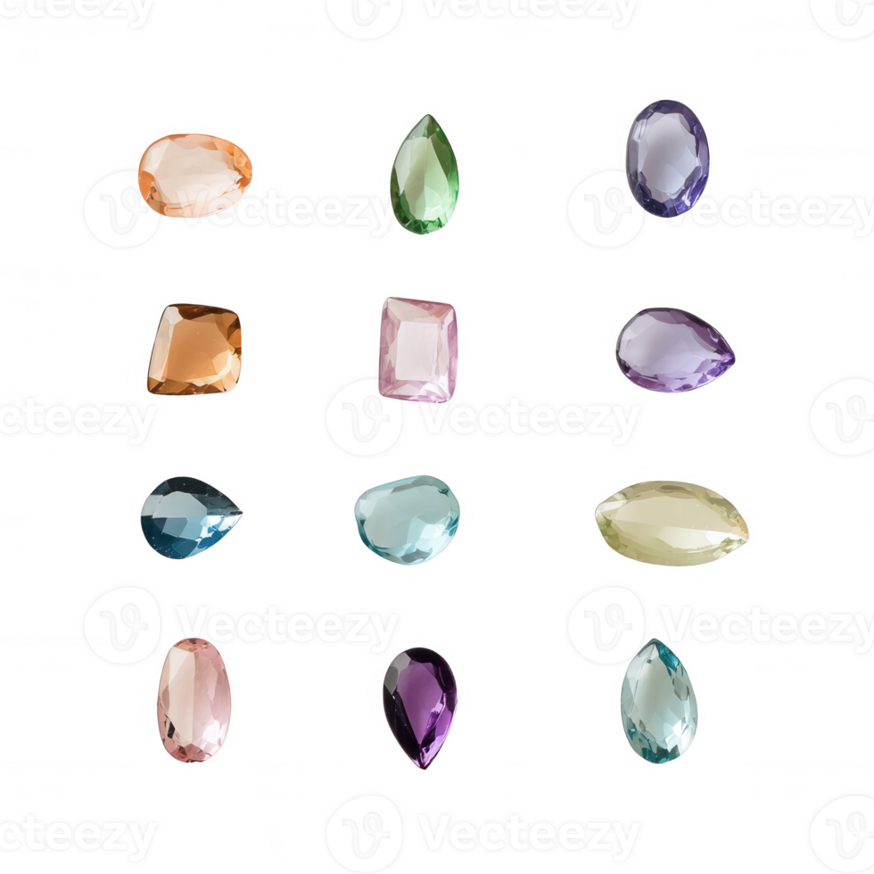 Colorful assorted gemstones and jewels in various shapes and sizes. png