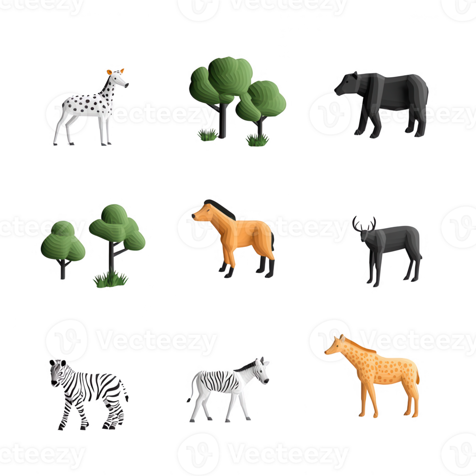 Colorful and playful illustrations of various animals and trees in a grid layout. png